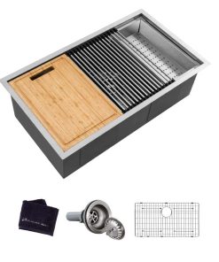 Glacier Bay Zero Radius Undermount 18G Stainless Steel 27 in. Single Bowl Workstation Kitchen Sink with Accessories
