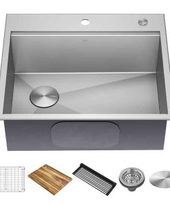 Loften 25 in. Drop-in/Undermount Single Bowl 18 Gauge Stainless Steel Kitchen Workstation Sink with Accessories